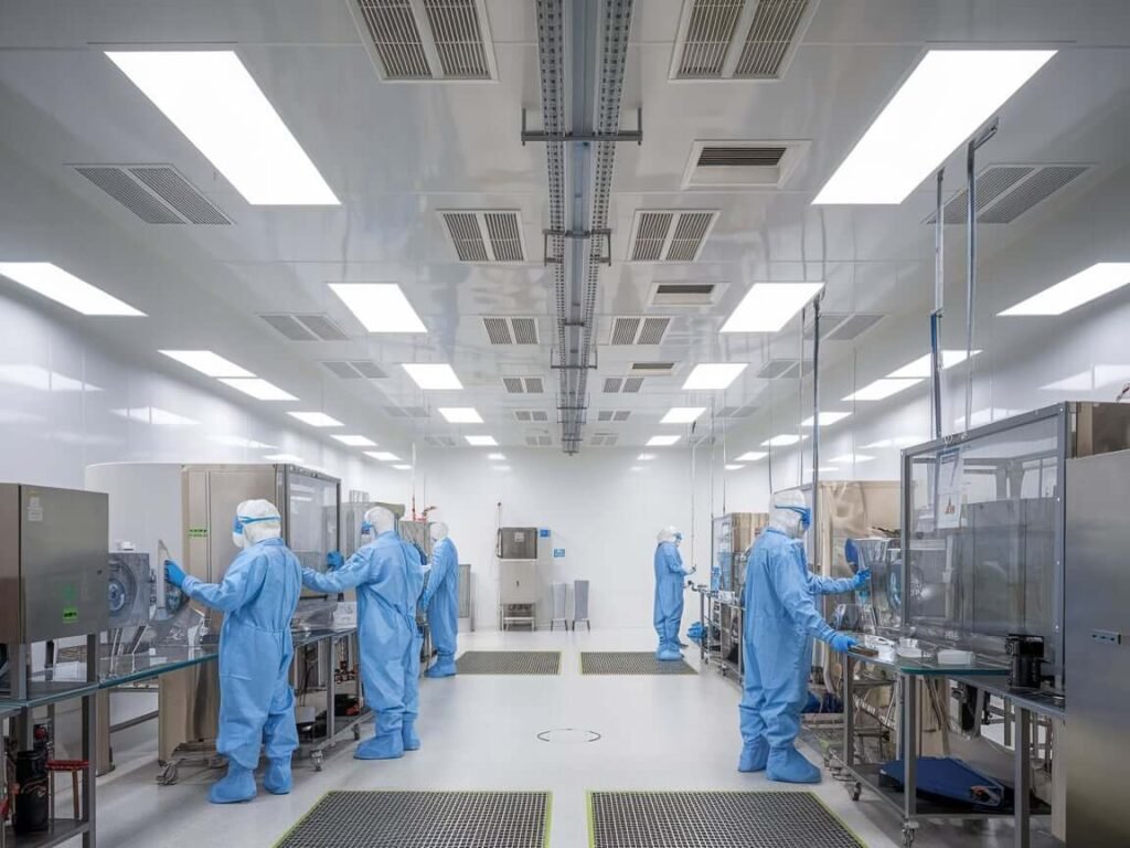 "A modern pharmaceutical cleanroom with professionals in full protective gear inspecting equipment under bright, sterile lighting. The cleanroom features advanced HVAC systems and sealed surfaces to prevent mold contamination and ensure GMP compliance.