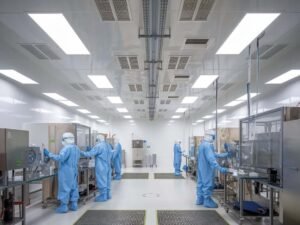 "A modern pharmaceutical cleanroom with professionals in full protective gear inspecting equipment under bright, sterile lighting. The cleanroom features advanced HVAC systems and sealed surfaces to prevent mold contamination and ensure GMP compliance.