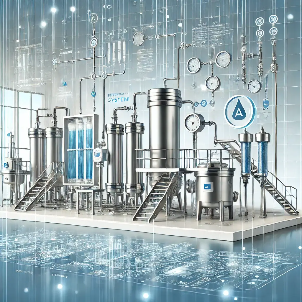 Pharmaceutical water system with stainless steel piping and advanced filtration equipment in a laboratory setting