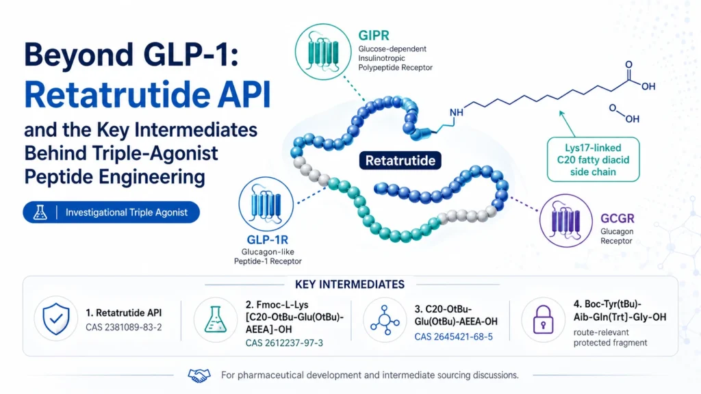 Cover image for an article about Retatrutide API and key intermediates, highlighting triple GIP, GLP-1 and glucagon receptor agonist peptide engineering, Lys17-linked C20 fatty diacid side chain and selected pharmaceutical intermedi