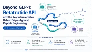 Cover image for an article about Retatrutide API and key intermediates, highlighting triple GIP, GLP-1 and glucagon receptor agonist peptide engineering, Lys17-linked C20 fatty diacid side chain and selected pharmaceutical intermedi