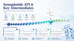Semaglutide API and key intermediates infographic showing peptide structure, Lys26 acylation and representative CAS numbers.
