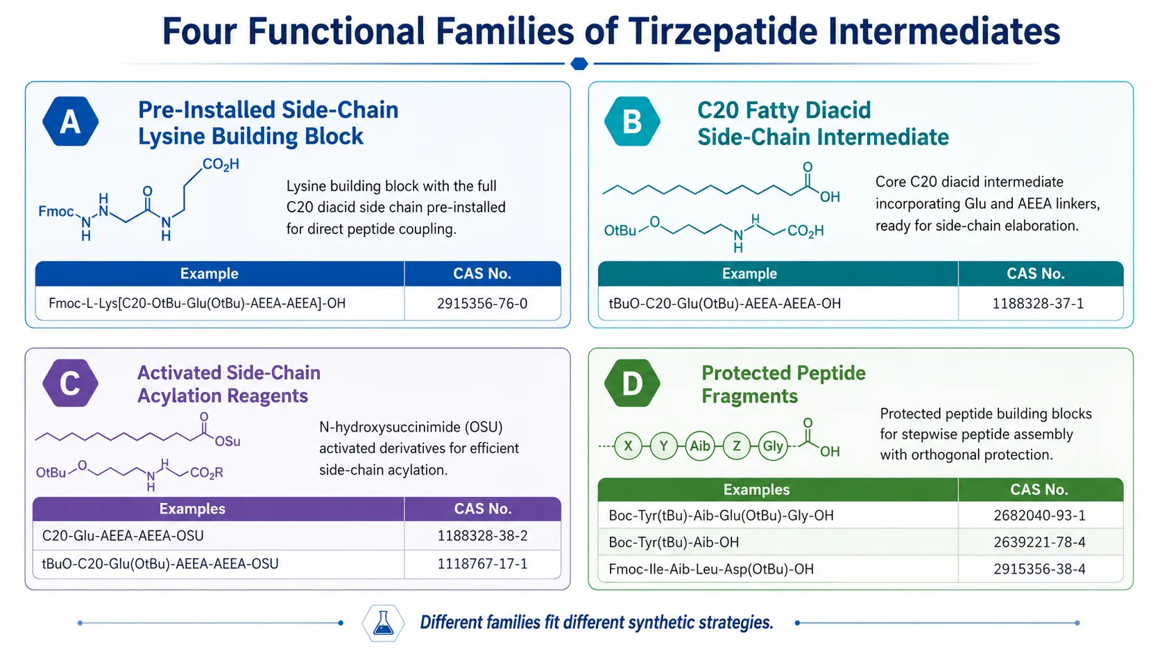Four functional families of Tirzepatide intermediates, including pre-installed side-chain lysine building blocks, C20 fatty diacid side-chain intermediates, activated acylation reagents and protected peptide fragments.