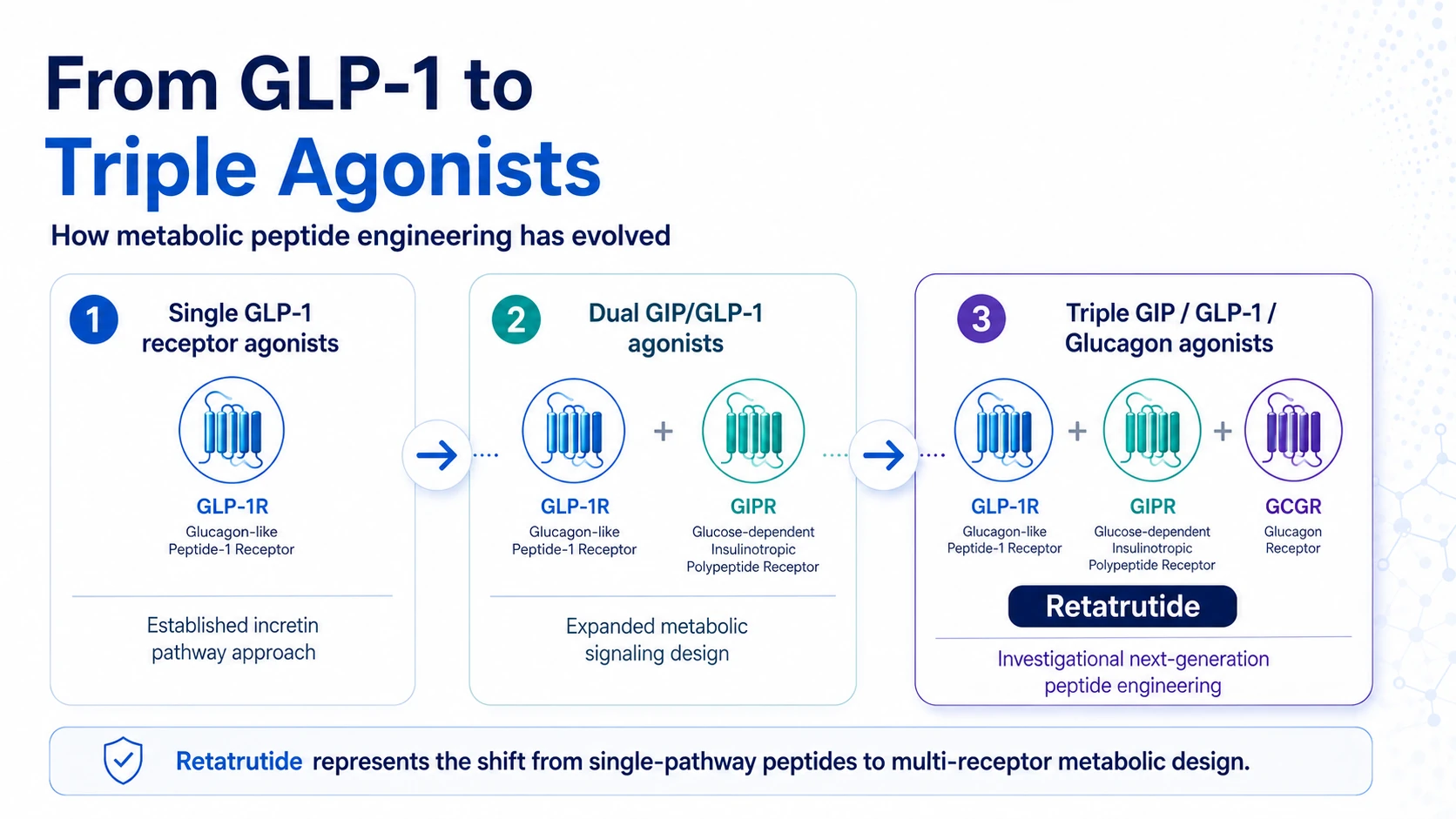 Infographic showing the evolution from single GLP-1 receptor agonists to dual GIP and GLP-1 agonists and triple GIP, GLP-1 and glucagon agonists represented by Retatrutide.