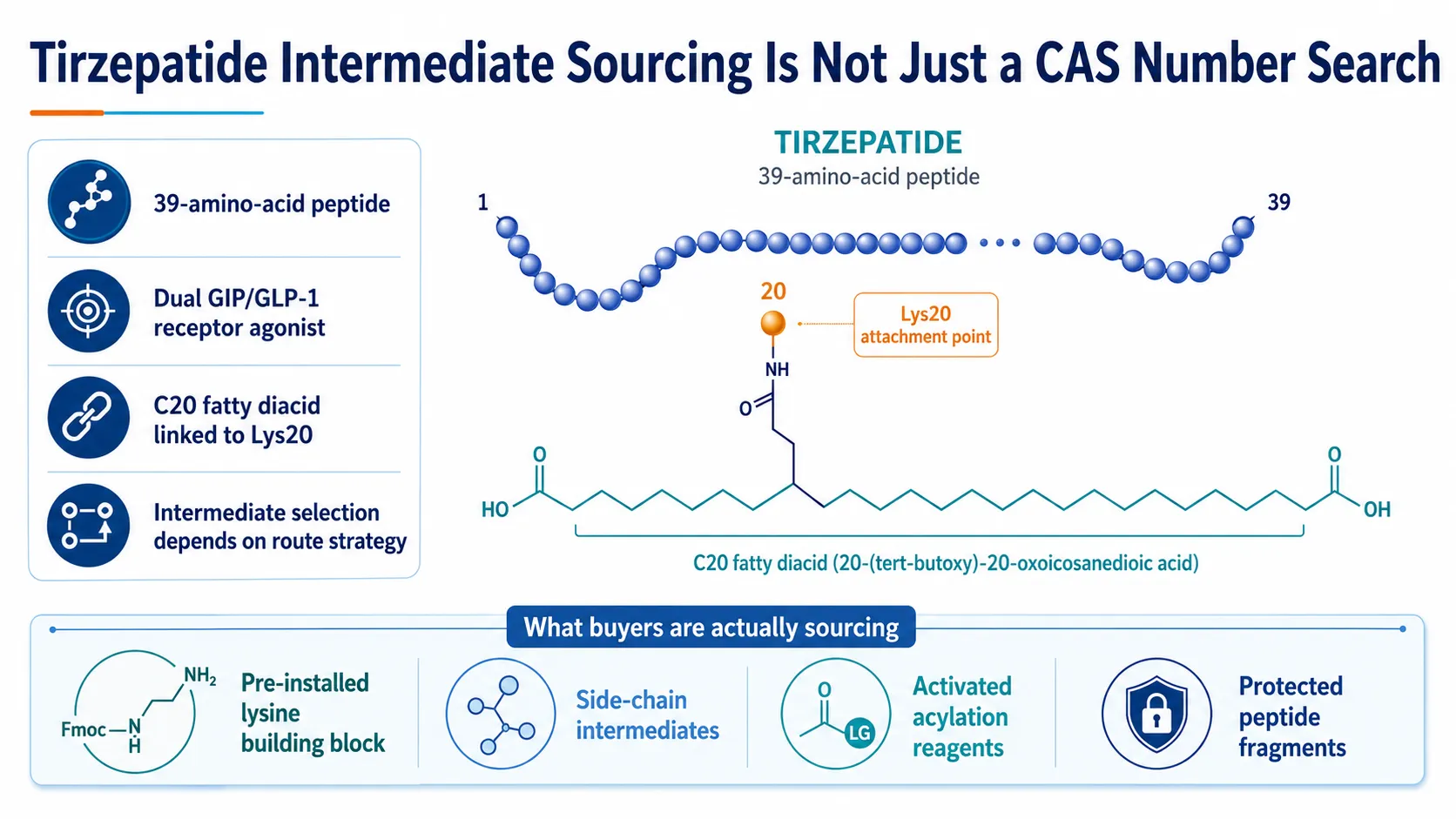 Common confusions in the Tirzepatide intermediate market, explaining that side-chain materials are not one product, activated and non-activated formats differ, and route-specific fragments should be separated from core intermediates