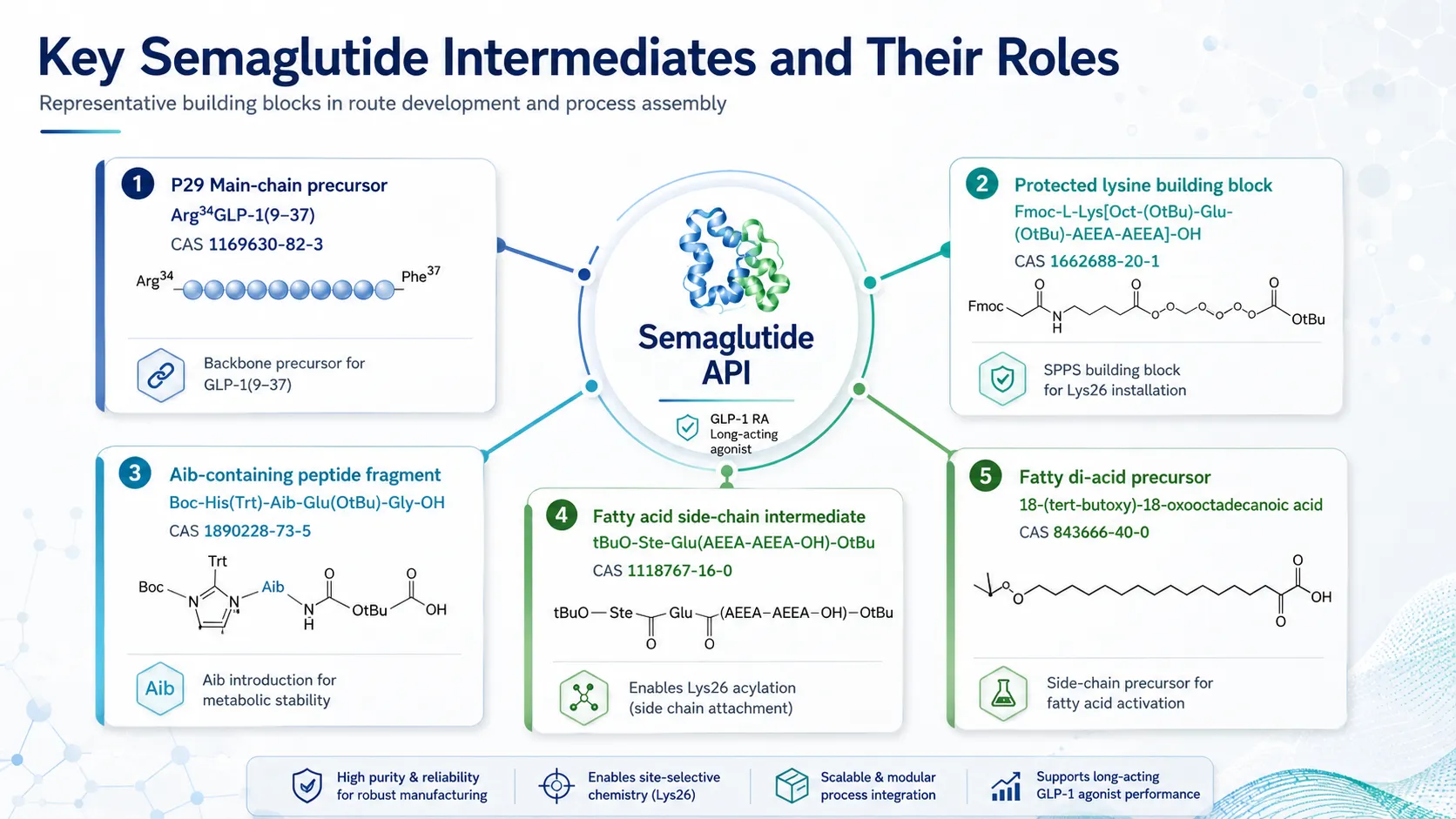 Key Semaglutide intermediates map showing representative building blocks, CAS numbers and their roles in process development.
