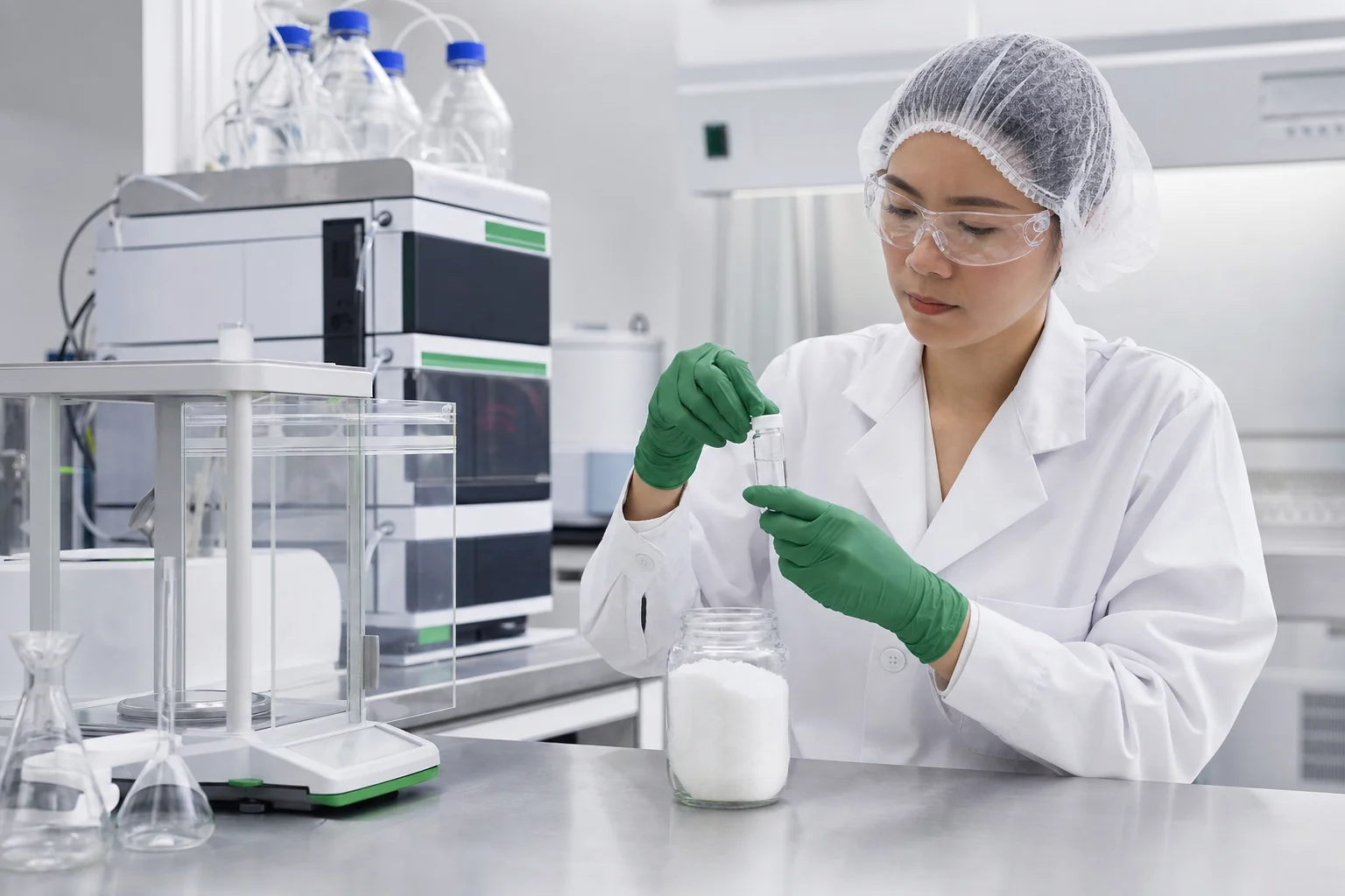 Quality control analyst testing L-Glutathione Reduced with laboratory chromatography equipment