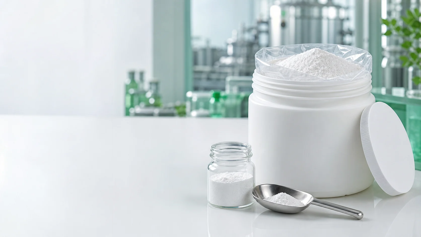 Bulk L-Glutathione Reduced powder in pharmaceutical drum and sample jar