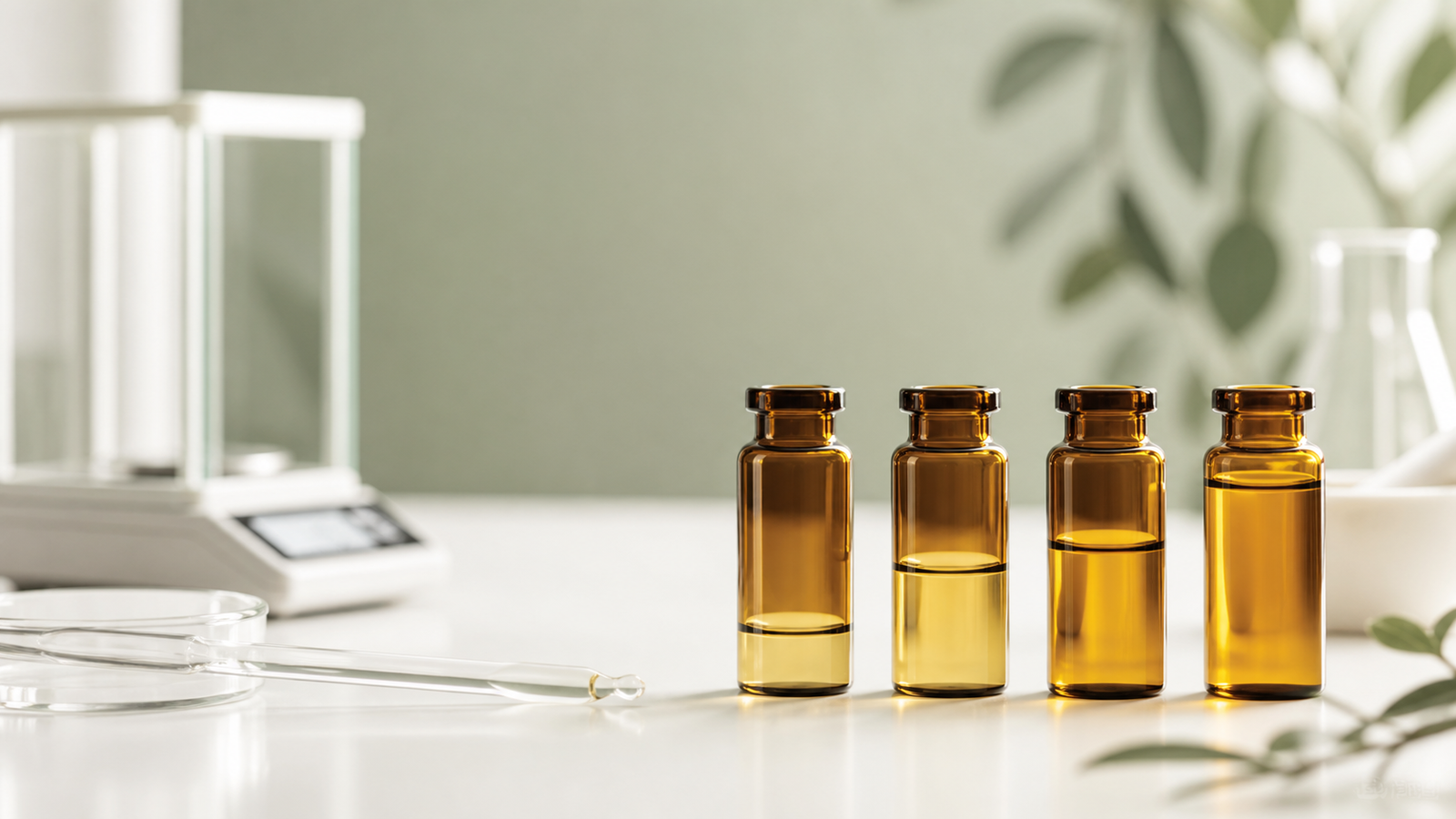Amber laboratory vials illustrating Vitamin K2 MK-7 oil concentration selection
