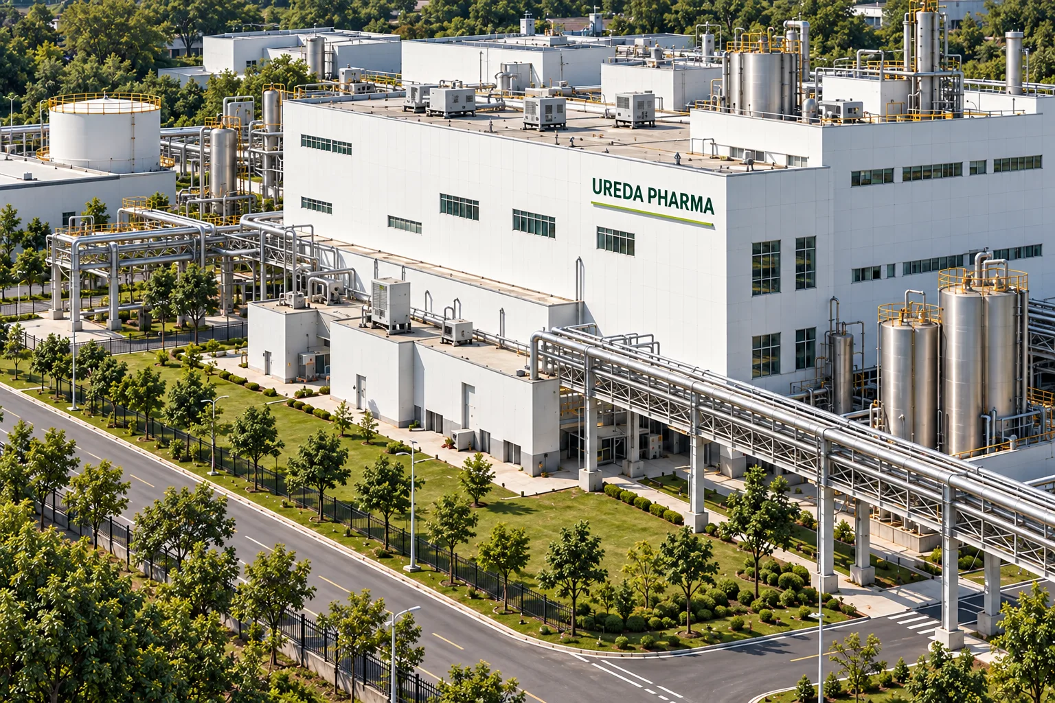 Ureda Pharma manufacturing campus viewed from above with processing buildings and stainless-steel pipework