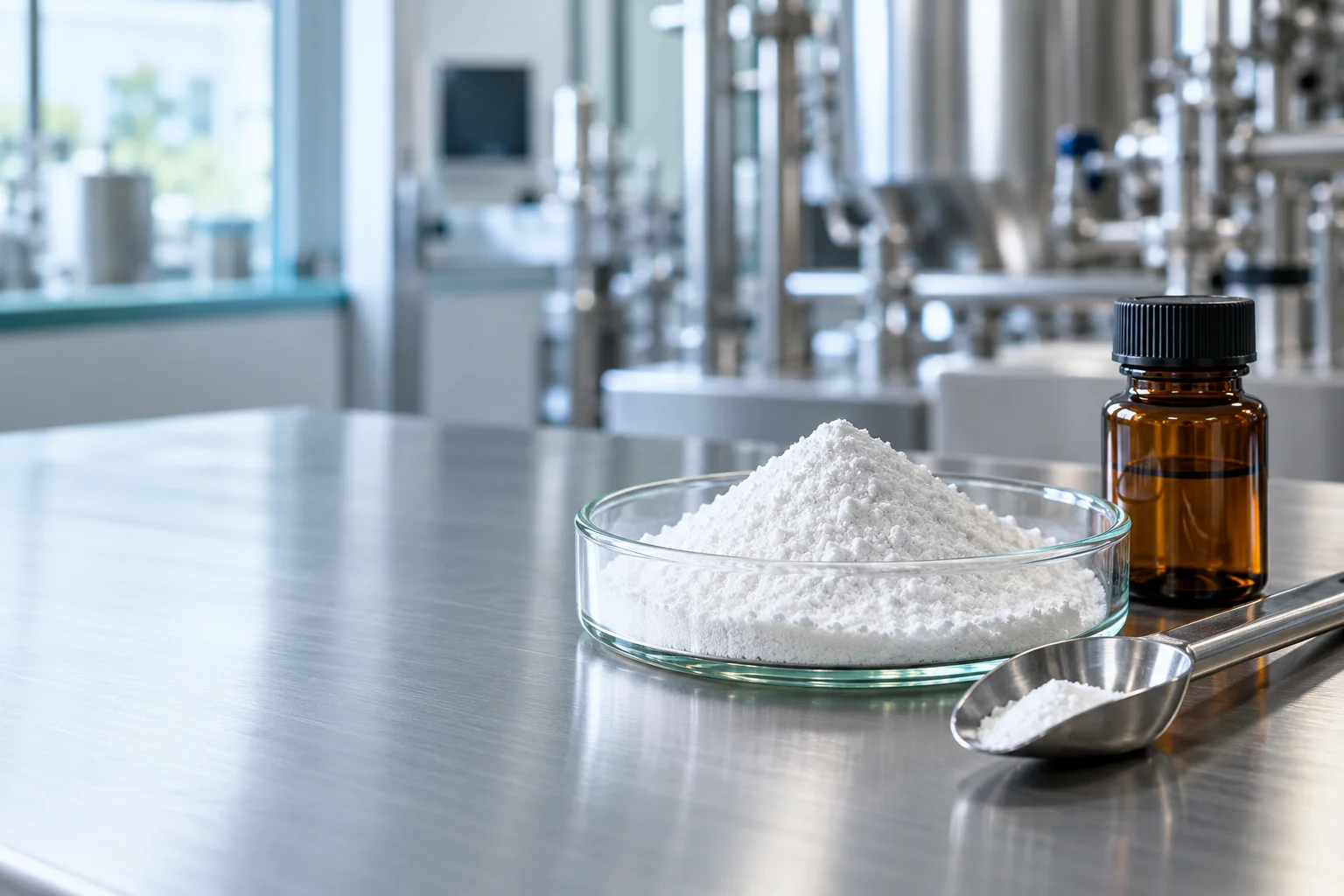 Active pharmaceutical ingredients in a laboratory glass dish with an amber sample vial
