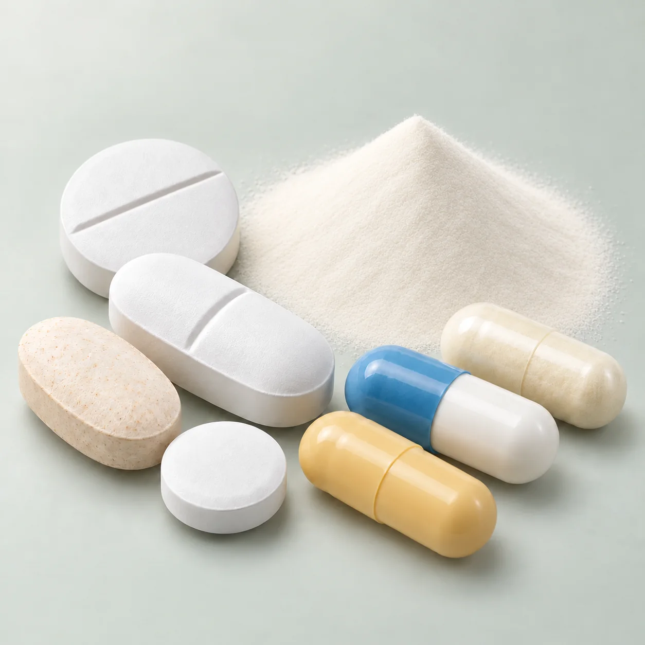 Active pharmaceutical ingredients shown as fine powder, tablets, and capsules