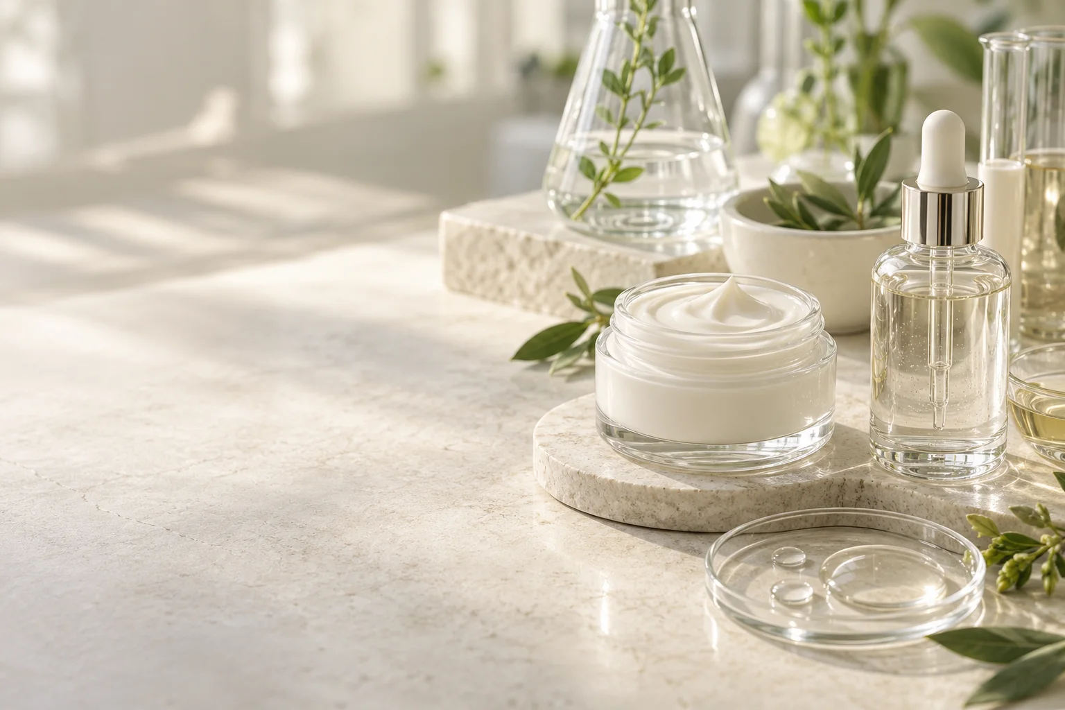 Cosmetic formulation samples with cream texture, serum, glassware, and botanical leaves