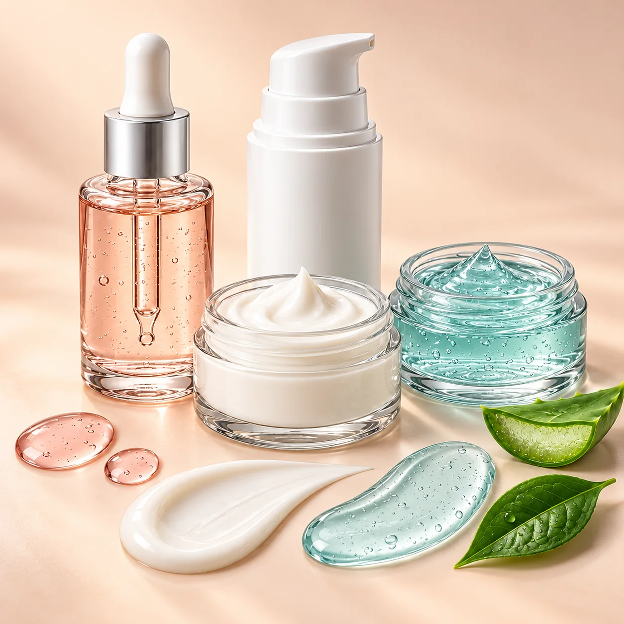 Cosmetic ingredients shown as serum, cream, gel, and skincare textures