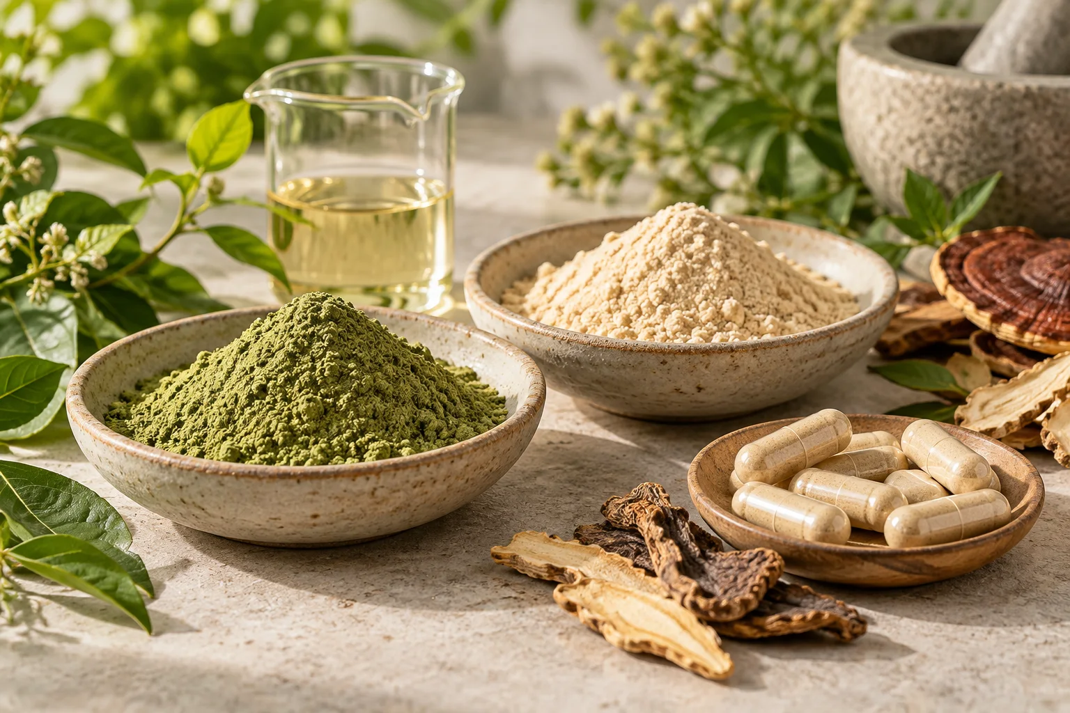 Nutraceutical and functional ingredient powders, capsules, botanicals, and laboratory glassware