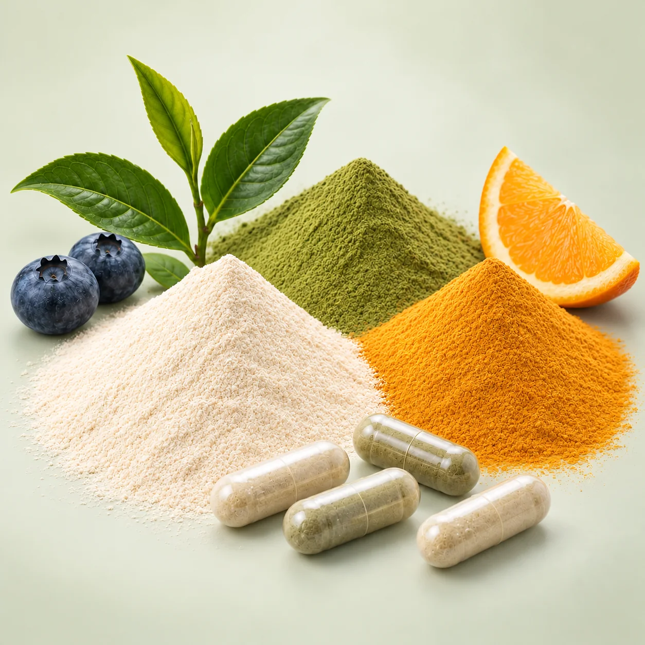 Nutraceutical ingredient powders, botanical leaves, fruit, and capsules