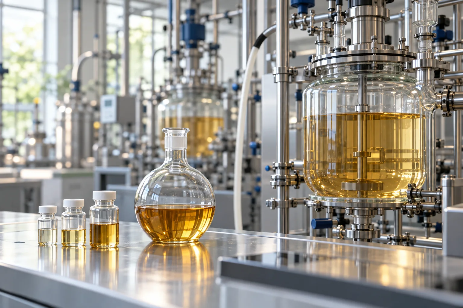 Pharmaceutical intermediate process vessels with amber liquid samples in a development laboratory