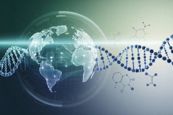 An image illustrating the company's vision, featuring a glowing globe, DNA double helix, and molecular structures, emphasizing a global leader in API solutions and future innovation.